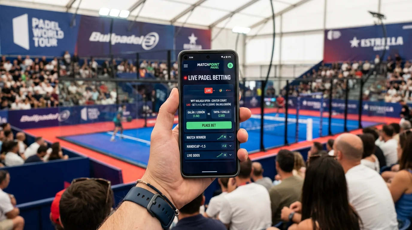 Mano sosteniendo smartphone con aplicación de apuestas de pádel en vivo
