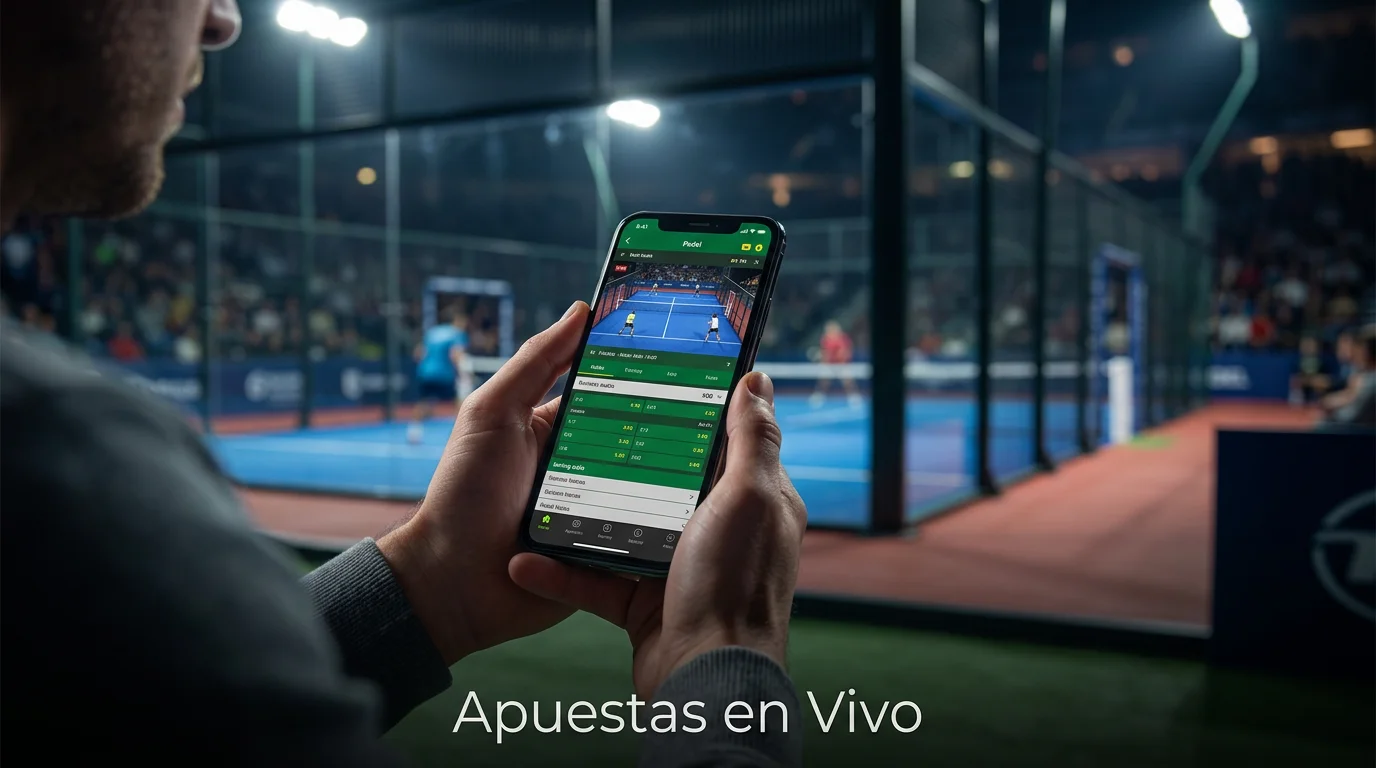 Apostador viendo partido de padel en directo con aplicacion de apuestas en vivo