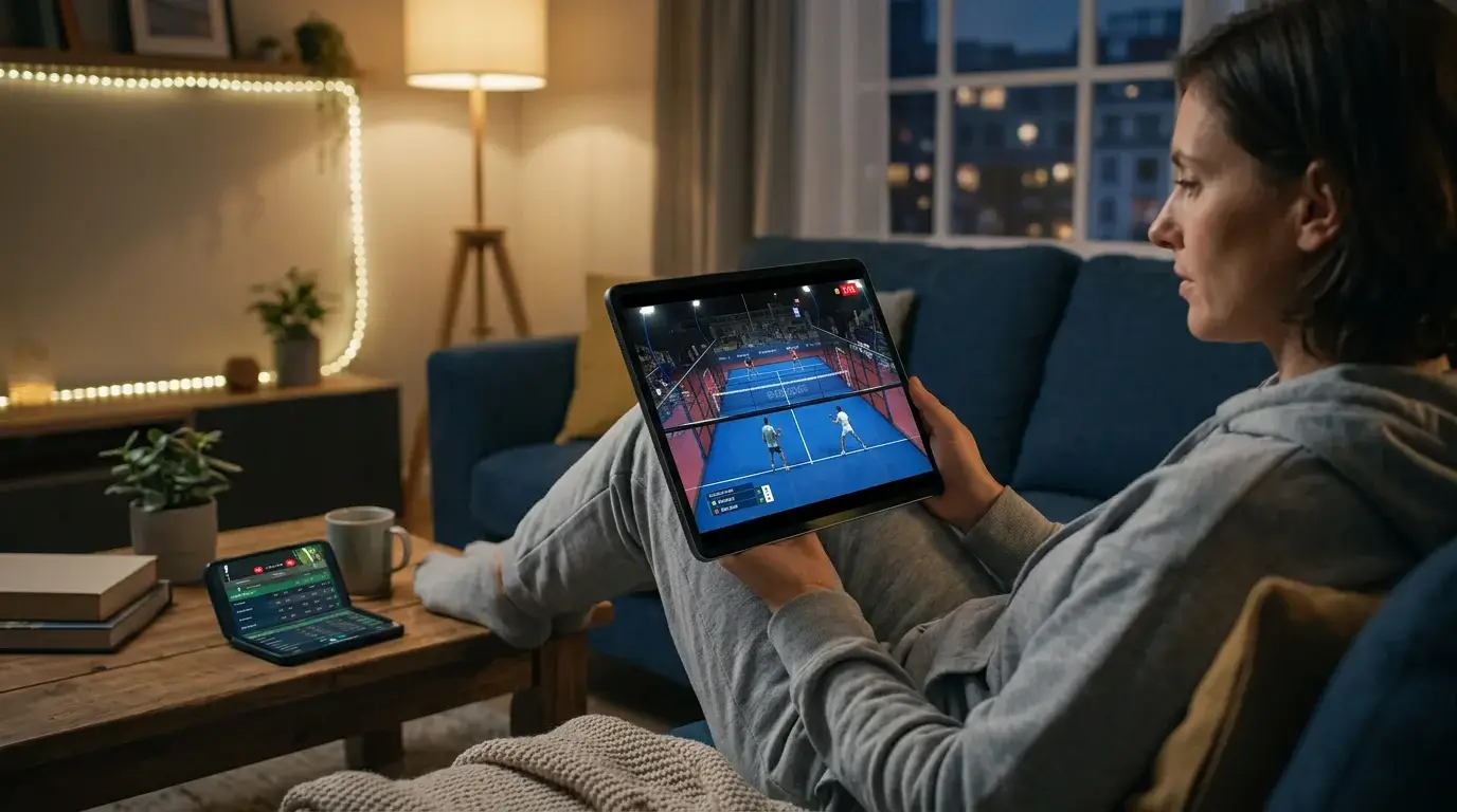 Pantalla de apuestas de padel en vivo con streaming del partido