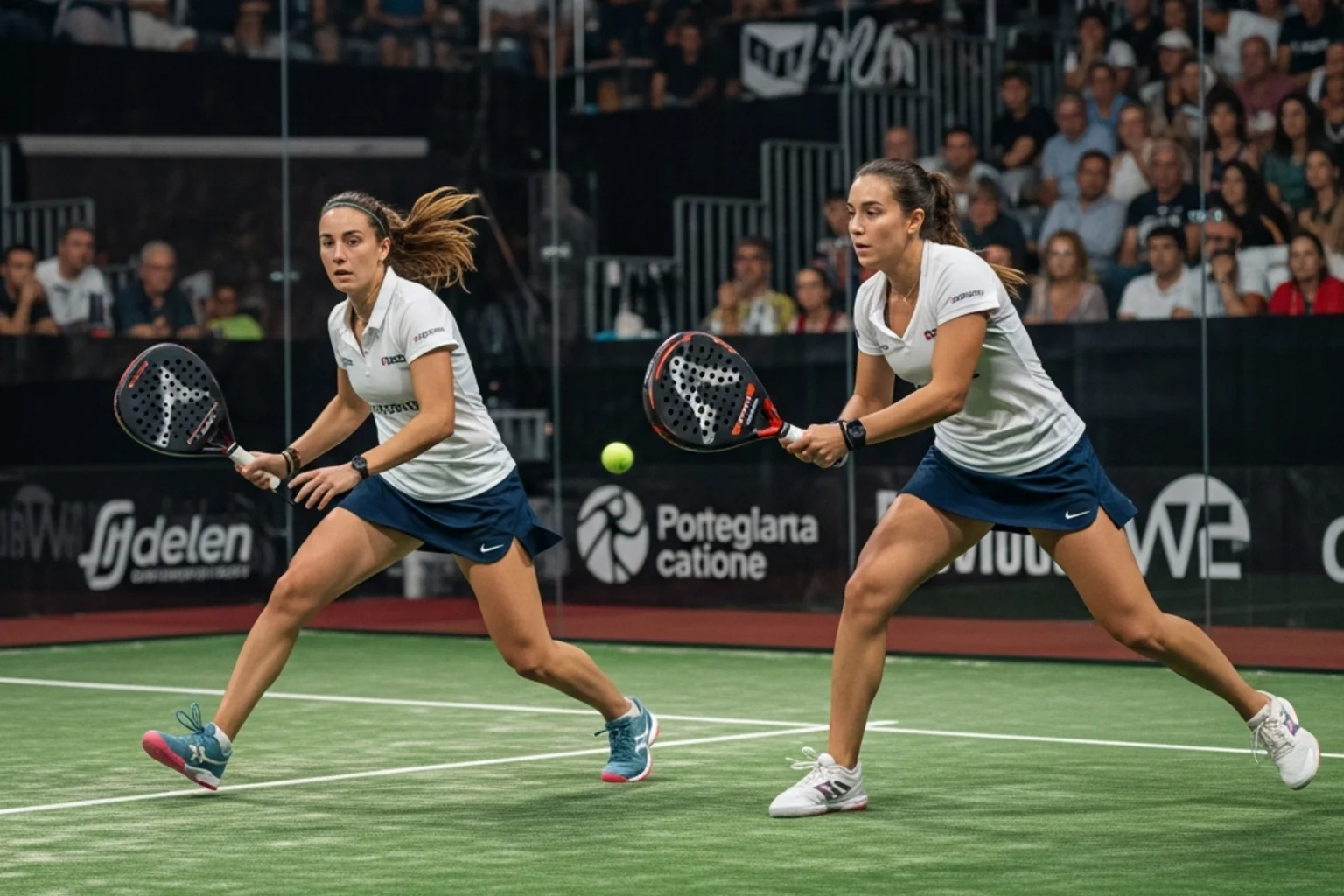 Jugadoras de pádel femenino en acción durante partido profesional en pista de cristal