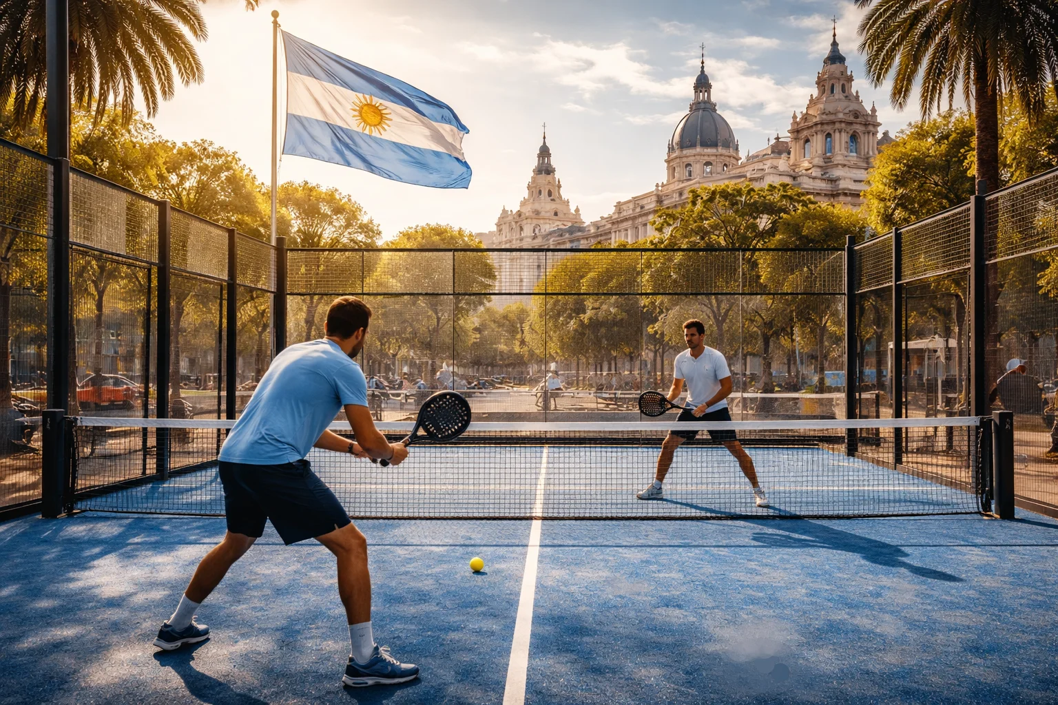 Pista de pádel en Buenos Aires con bandera argentina visible y jugadores entrenando