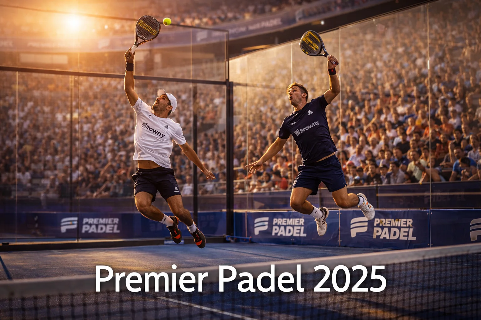Partido de Premier Padel en pista profesional con jugadores en accion