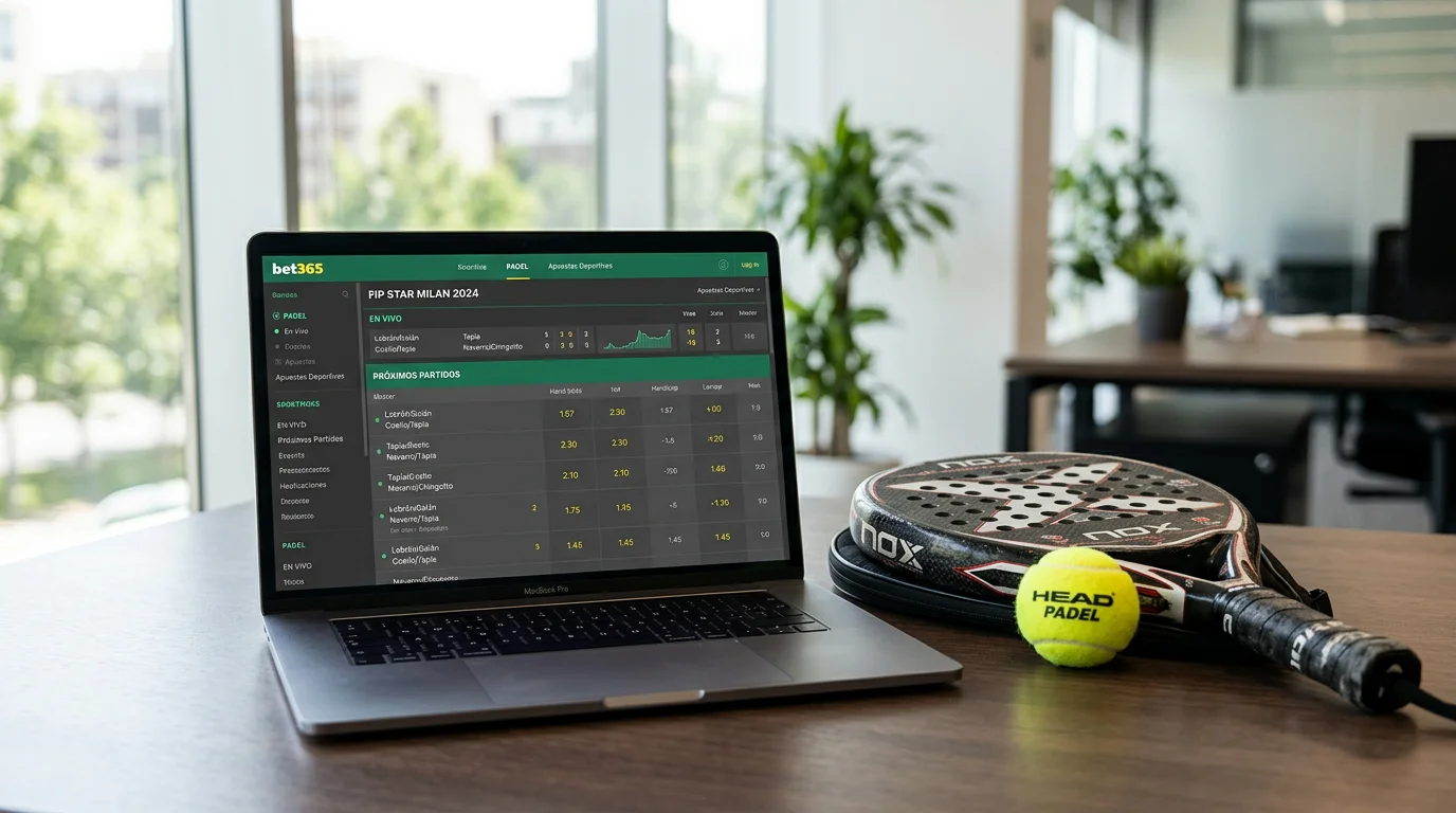 Pantalla de ordenador mostrando mercados de apuestas de pádel con raqueta y pelota de pádel en primer plano