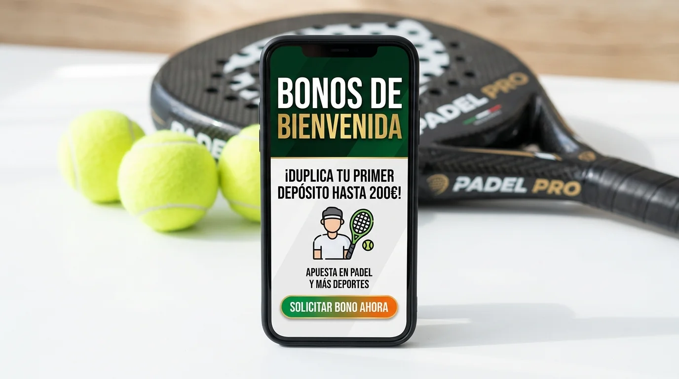 Smartphone mostrando promoción de bono de apuestas con raqueta de pádel de fondo