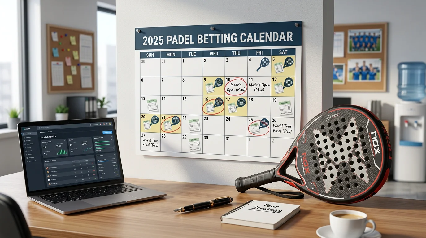 Calendario deportivo 2025 con fechas de torneos de pádel marcadas junto a raqueta