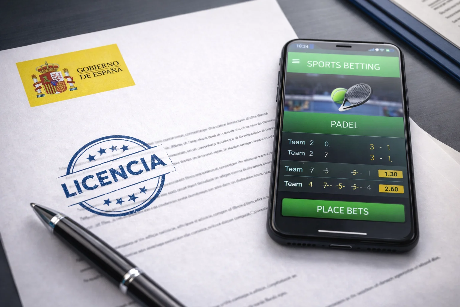 Documento oficial con sello de licencia junto a smartphone con app de apuestas deportivas