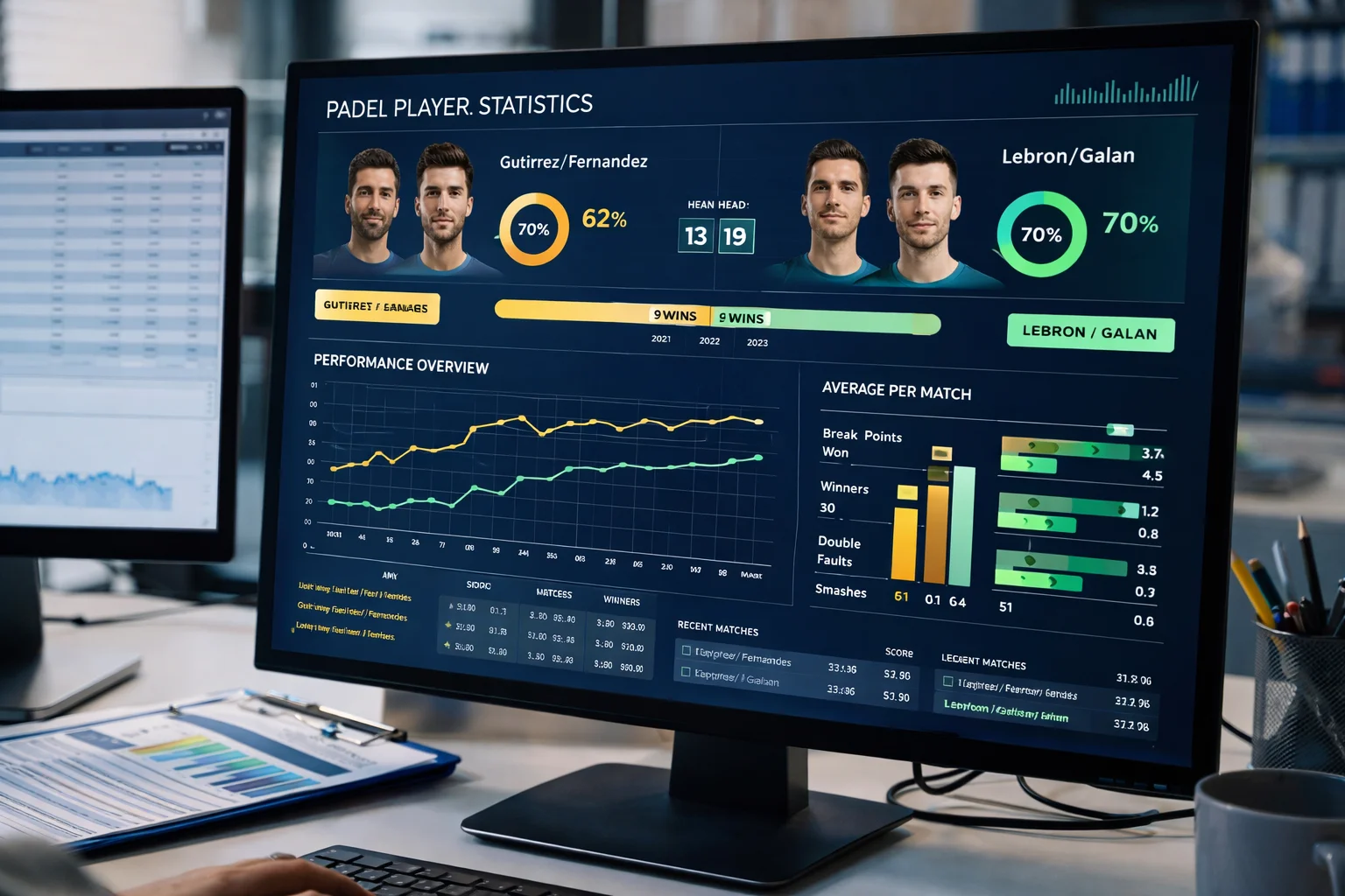 Pantalla de ordenador mostrando gráficos estadísticos de rendimiento de jugadores de pádel
