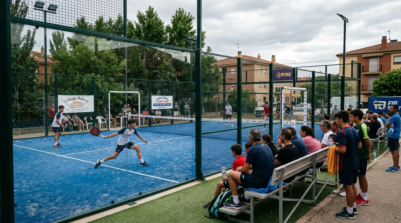 Torneo de pádel de categoría menor con jugadores jóvenes compitiendo en pista local