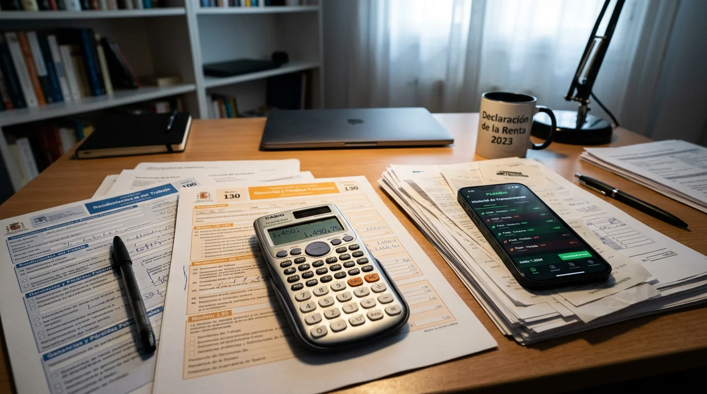Calculadora y documentos fiscales junto a smartphone con historial de apuestas deportivas