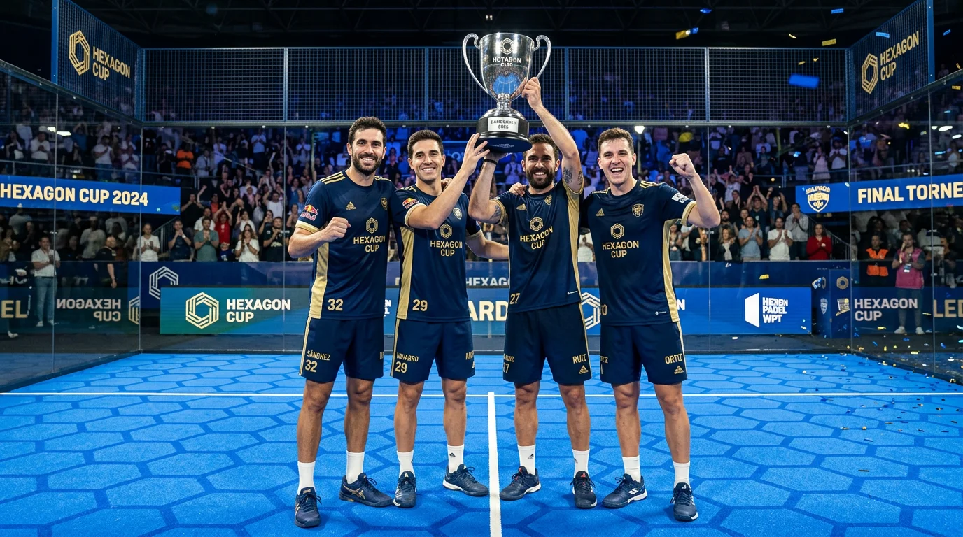 Equipo de pádel celebrando victoria en Hexagon Cup con uniformes de equipo