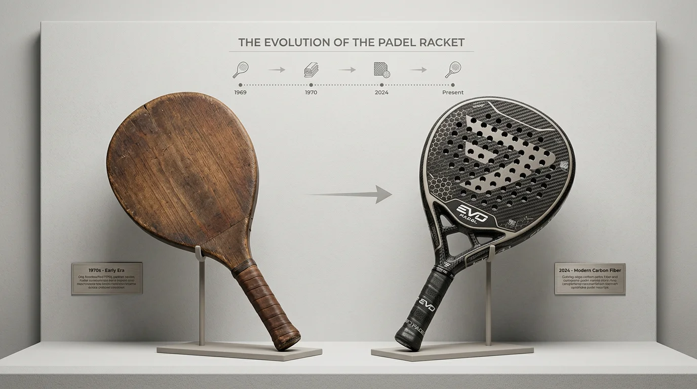 Raqueta de pádel antigua junto a raqueta moderna mostrando evolución del deporte