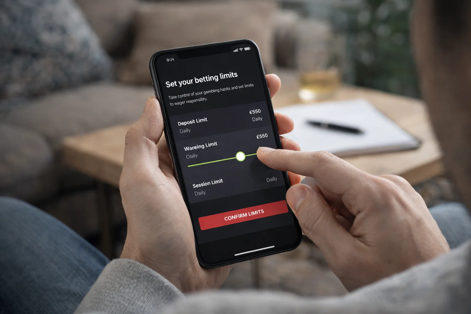 Persona configurando límites de apuesta en aplicación móvil de forma responsable