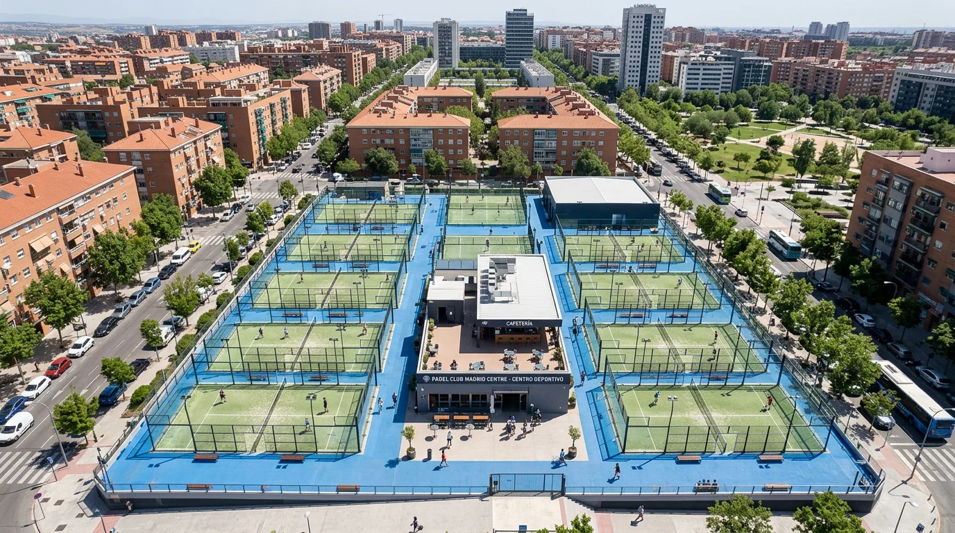 Vista aérea de complejo de pádel con múltiples pistas en ciudad española