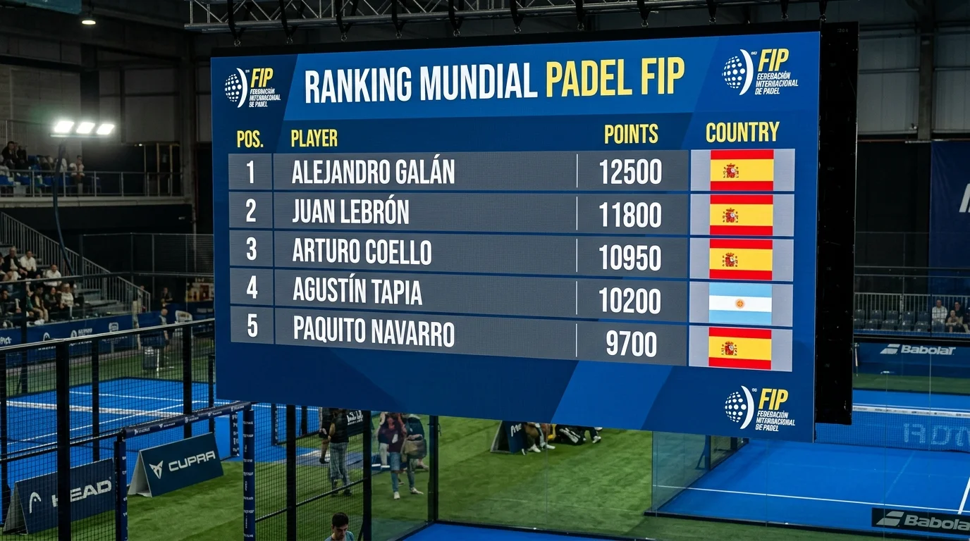 Pantalla mostrando clasificación mundial de pádel FIP con banderas de diferentes países