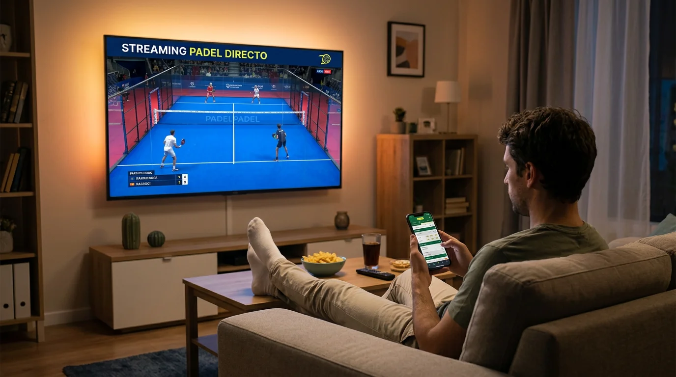 Persona viendo partido de pádel en streaming en televisión mientras consulta móvil con app de apuestas