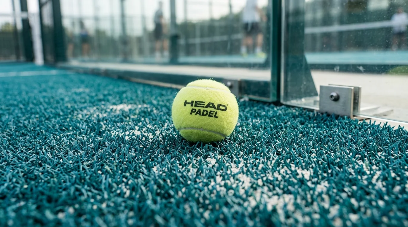 Pista de pádel mostrando detalle de superficie de césped artificial con pelota
