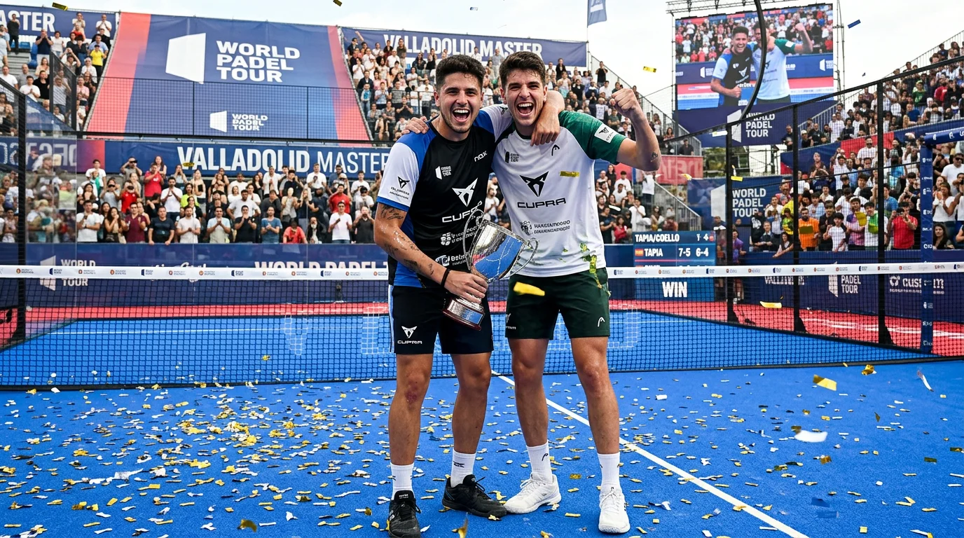 Dos jugadores profesionales de pádel masculino celebrando victoria en pista con trofeo