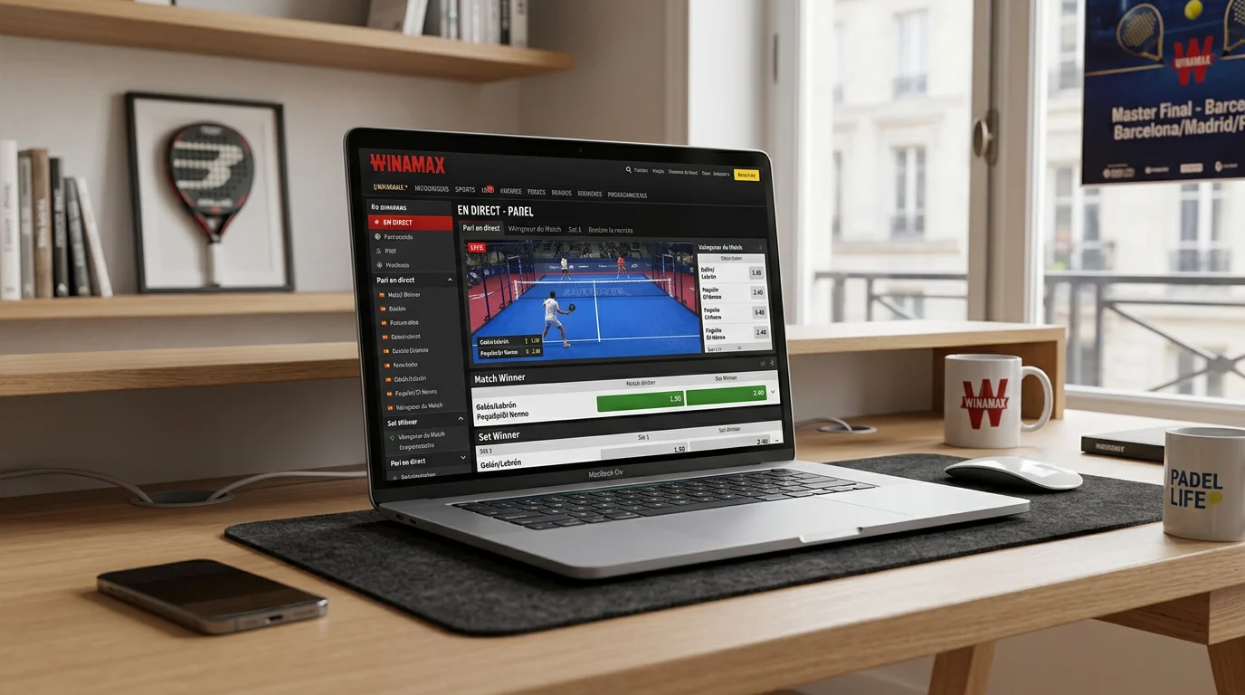 Laptop mostrando plataforma de apuestas deportivas con partido de pádel en directo